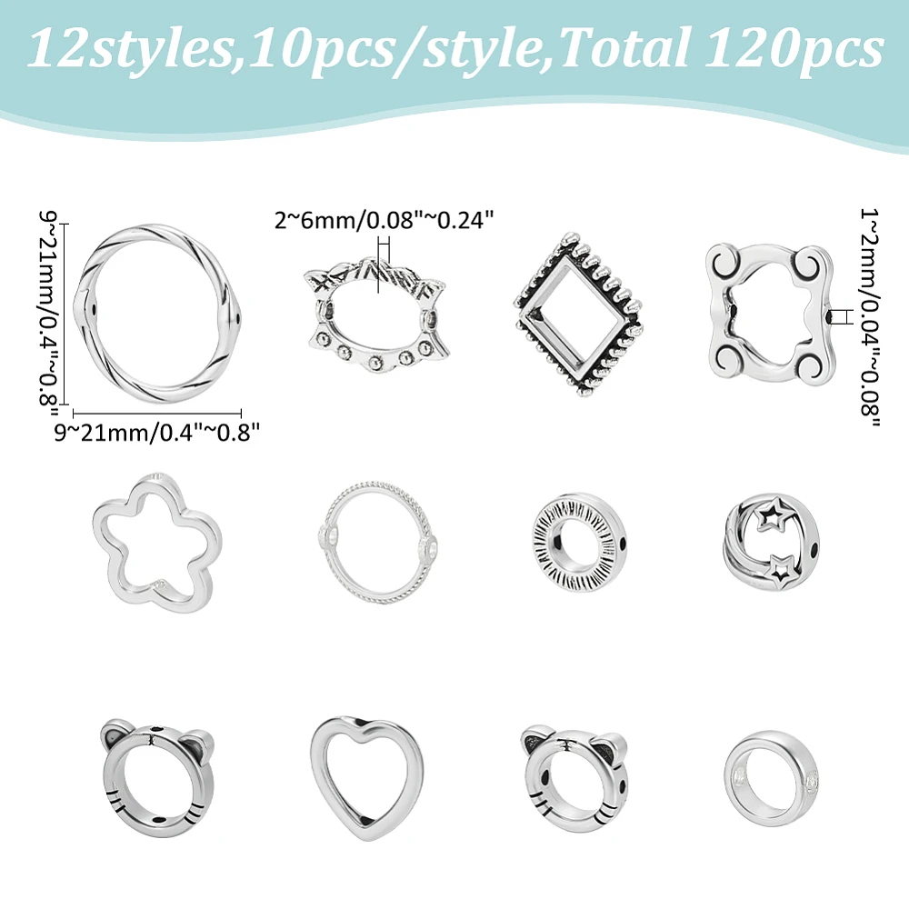 120Pcs Hollow Bead Frame 9-21mm Silver Flowers Bead Frames Round Ring Link Connector Spacers Bulk Heart Square Beads Frame