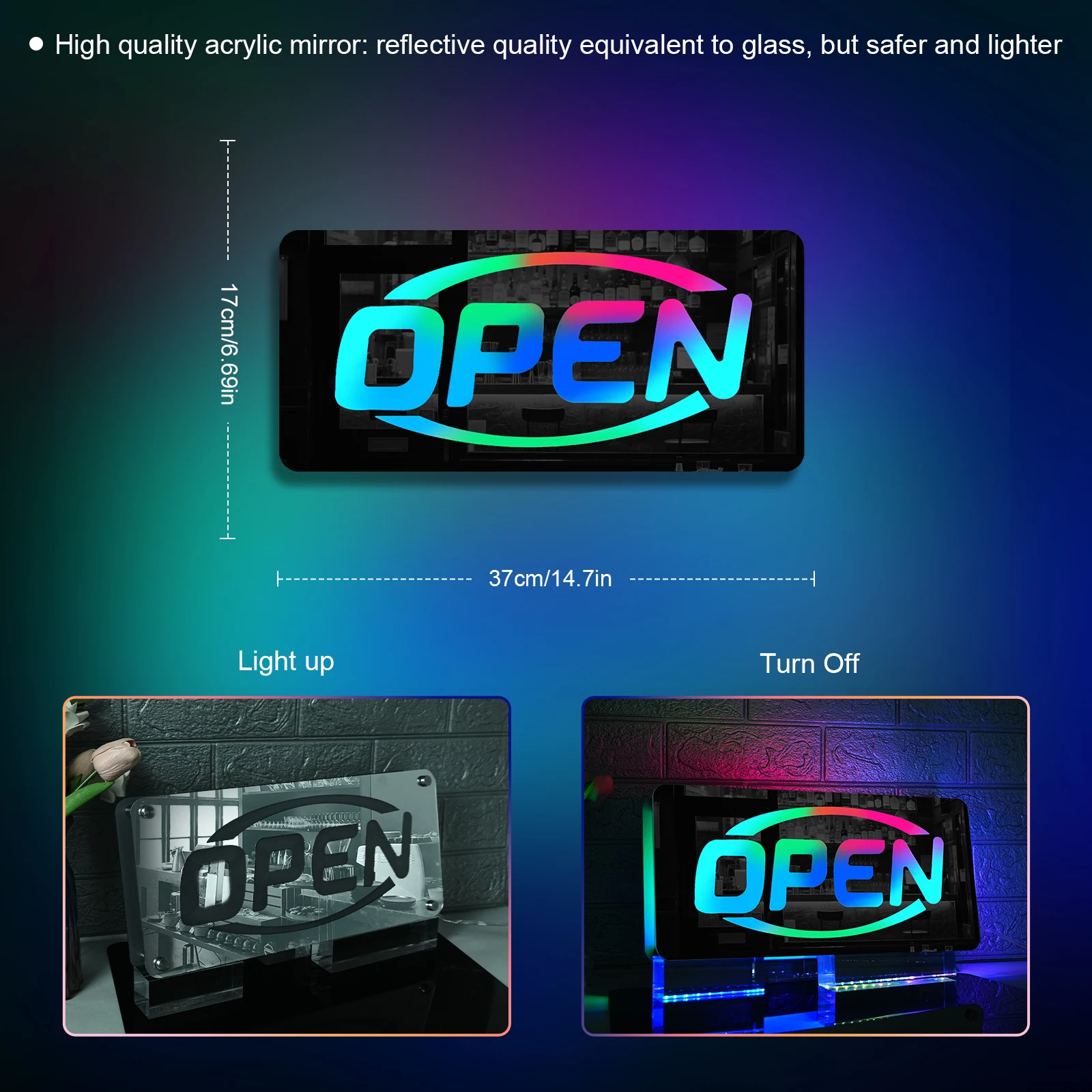 Open Neon Sign RGB Remote Control Mirror LED Backlight Luminous Wall Sign Lamp Cool Store Salon Bar Coffee Room Interior Decor