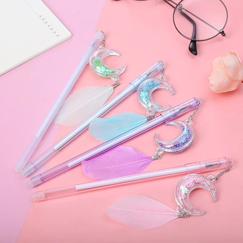 

20 Pcs Moon Feather Pendant Gel Pen Cute Student Creative Celebrity Girl Heart Water-based Signature Pen Pink School Supplies