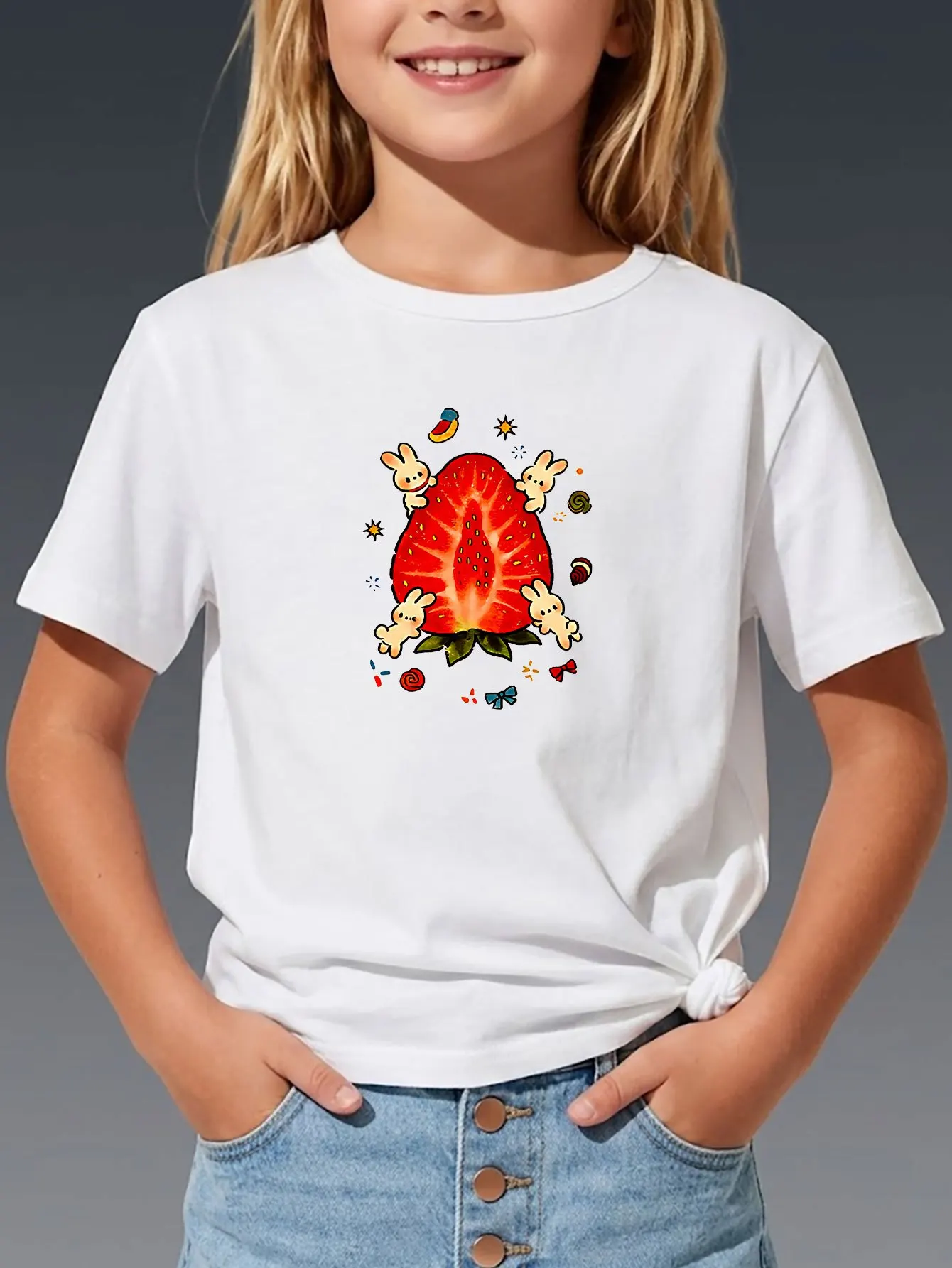 Cute White Bunnies And Red Strawberry Cartoon Print T Shirt Boys Girls Lovely Short Sleeve Tee Family Matching Kids Cotton Tops