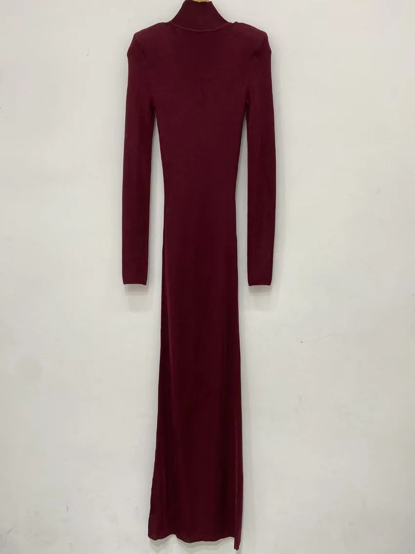 Sexy hollow high neck knit dress wine red stretch Slim shoulder pads long sleeve long women's dress 2025 Spring New - view 5