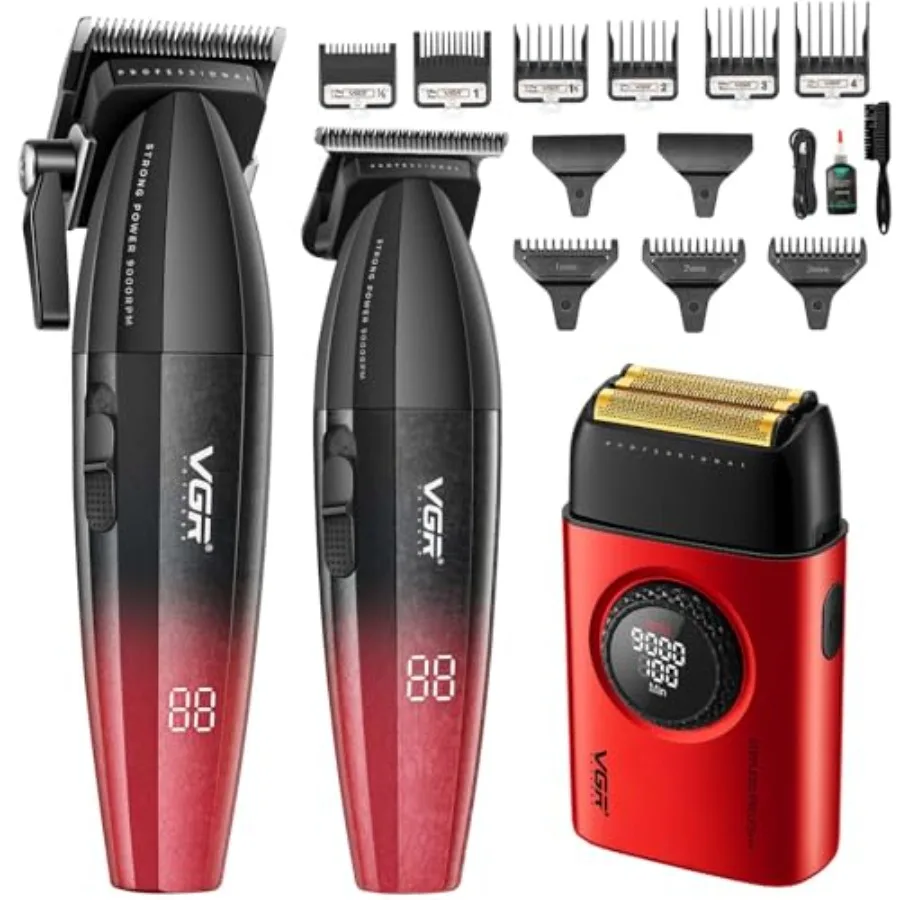 

Профессиональные мужские машинки для стрижки волос с тройным плавающим лезвием и сетчатым триммером, беспроводные, двигатель 9000 об/мин, LED-дисплей, красные, для стрижки волос