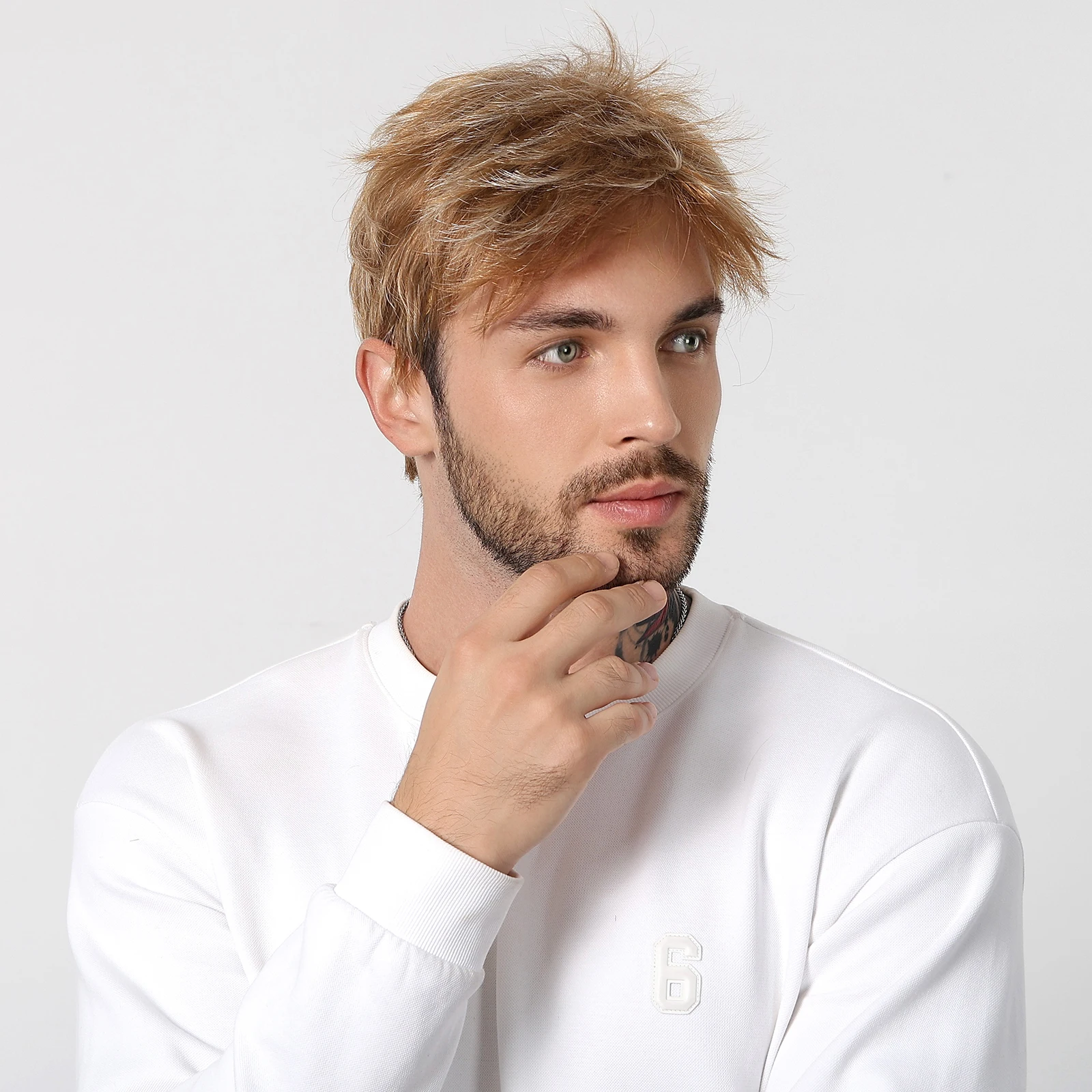 HAIRCUBE Short Men's Brown Blonde Layered Synthetic Wigs Natural Blonde Fake Hair Wigs for Mature Male Guys Halloween Party Wig