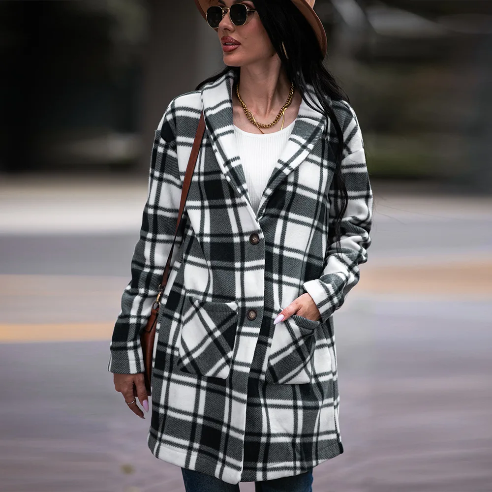 European and American autumn and winter lapel jacket slim-fitting velvet long-sleeved women's long plaid shirt woolen jacket