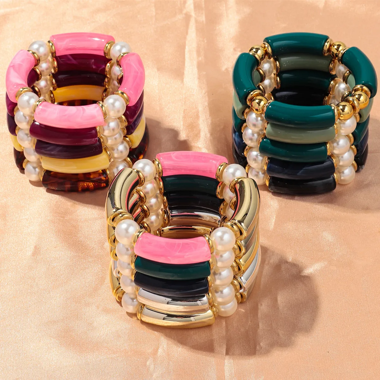 New Pearl Bamboo Tube Acrylic Bracelets for Women Men Fashion Elastic Resin Chunky Elbow Beaded Stack Bangle Friendship Jewelry