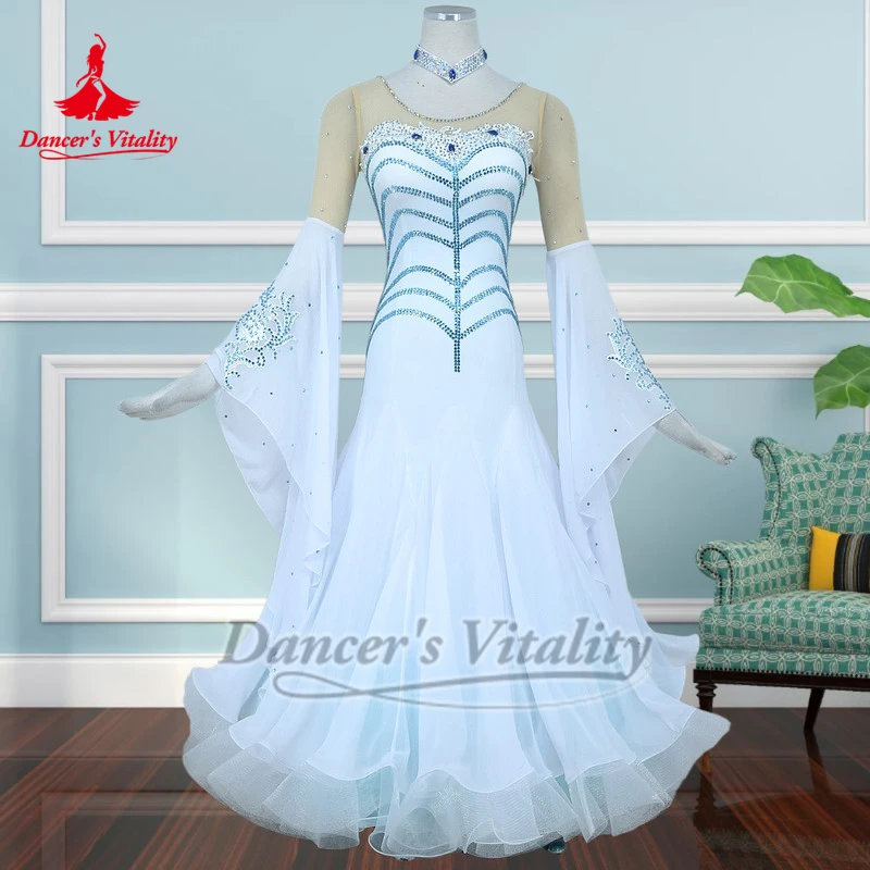 화이트 플레어 슬리브 스탠다드 소셜 댄스 공연 드레스 댄서의 활력 성인 여성 왈츠 대회 의상 목걸이 포함 맞춤 제작
