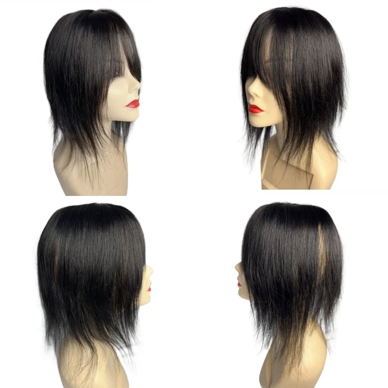 Toppers de cheveux pour femmes Toppers de cheveux avec frange 10x11 cm dentelle PU Base pince en frange cheveux réel couverture de cheveux humains cheveux gris