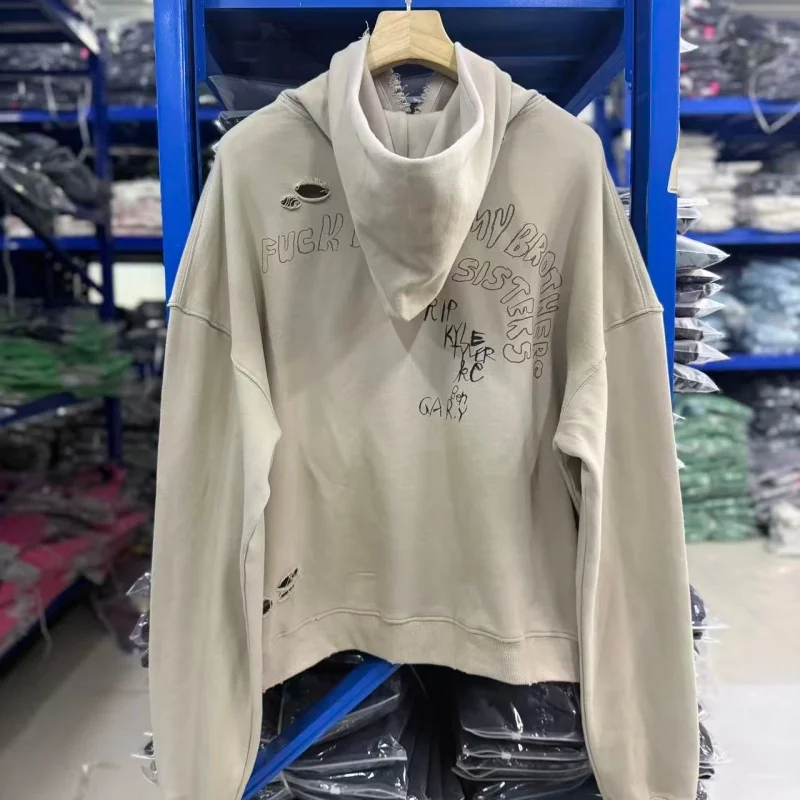 High Quality Vintage Khaki Distressed Hoodie Frayed Edge Retro Figure Print Loose Fall Sweatshirt