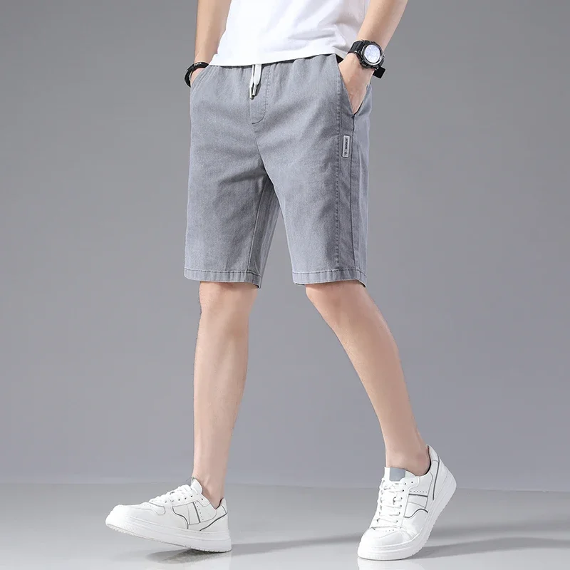 Summer Denim Shorts Men Soild Breathable Cotton Drawstring Gym Shorts Relaxed Fit Khaki Running Pants Male