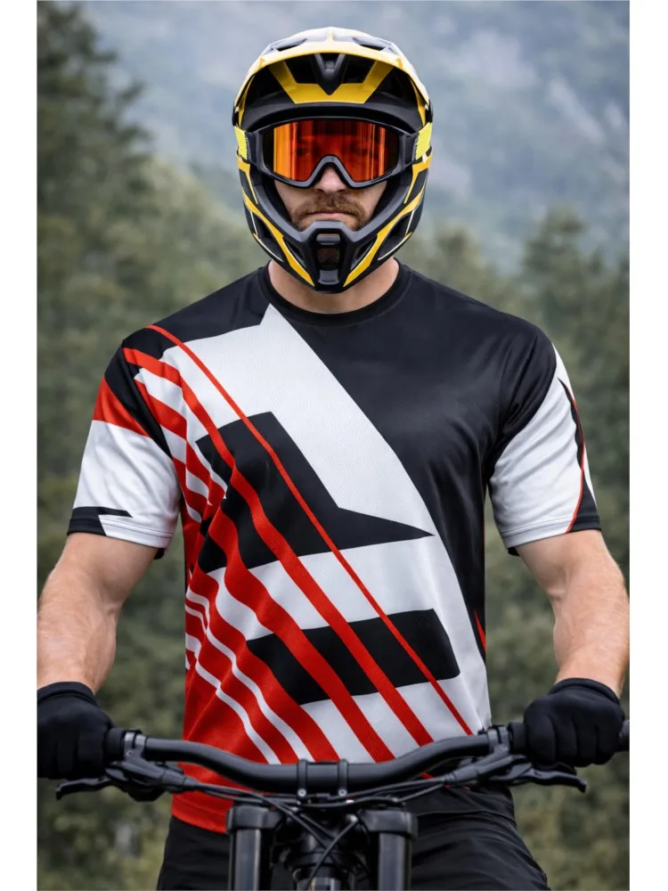 AliExpress NONE Men’s Red Black Mountain Bike Jersey Shirt, Lightweight Breathable Quick Dry MTB Racing Top with Modern Geometric Speed Stripe