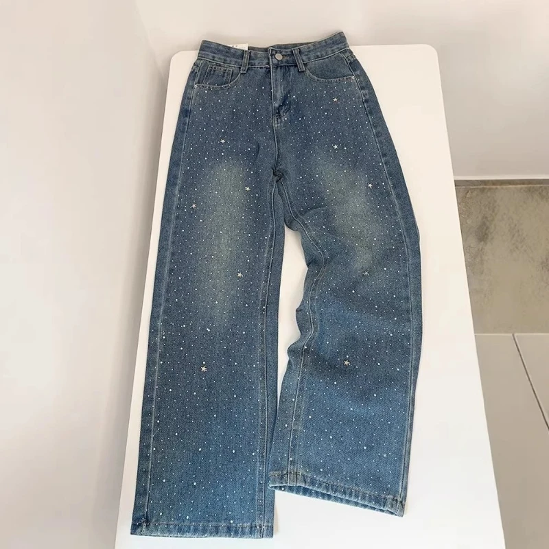 

Denim Pant Women Hot Drilling Jeans Vintage Straight Long Pants Loose High Waist Trousers Y2k Streetwear Elegant Work Spring