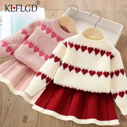 Girls Sweater Set 2024 Autumn/Winter New Korean Edition Western Love Girls Knitted Top+Pleated Skirt Knitted Two Piece Set