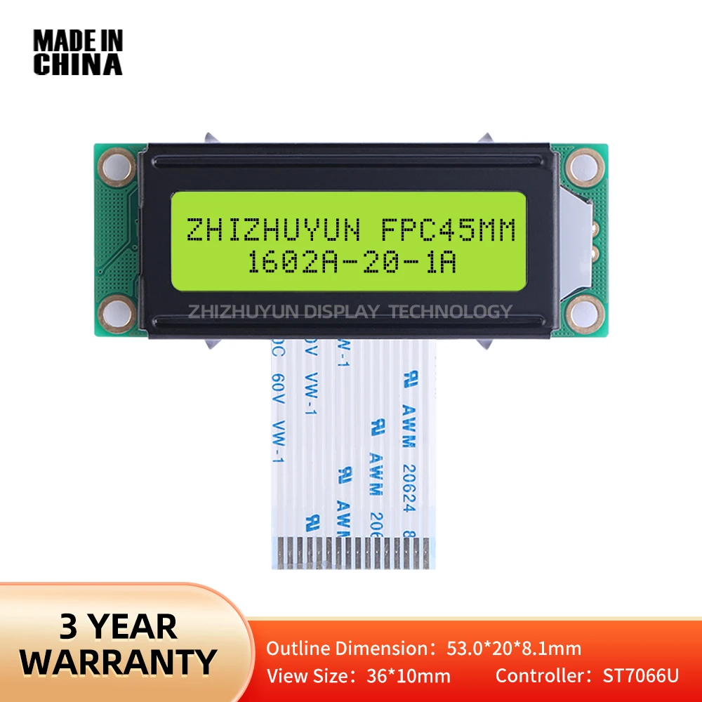 FPC45Mm English LCD/LCM Display Screen Monochrome Yellow Green Film 16*2 LCD Module Character Dot Matrix Screen