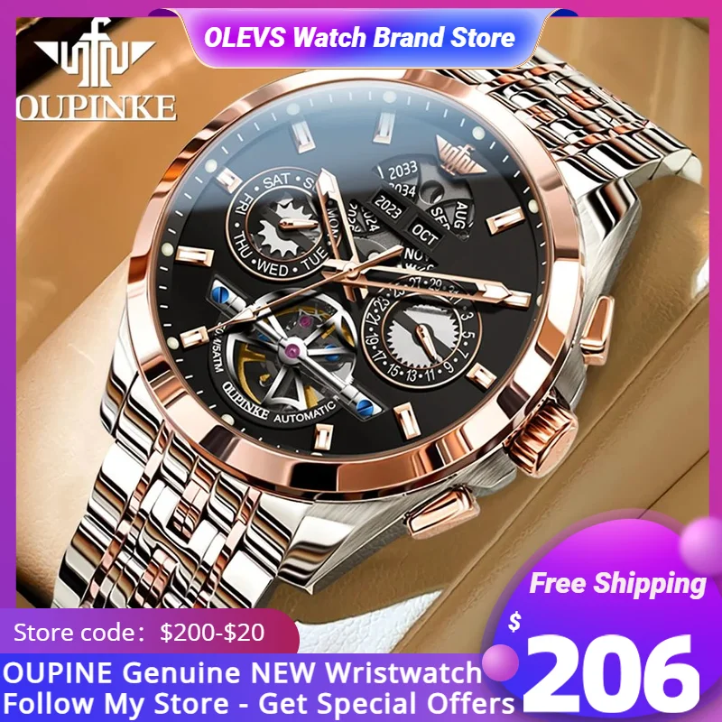 

OUPINKE Original Design Automatic Mechanical Watch Men's Luxury Stainless Skeleton Top Grade Men's Business Waterproof Watch