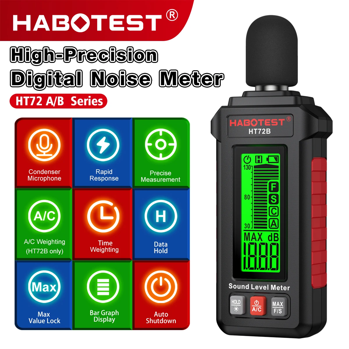 HABOTEST HT72A HT72B Digital Sound Level Meter 30-130dB Decibel Meter Portable Noise Meter A/C Weighted Data Sound Level Meter