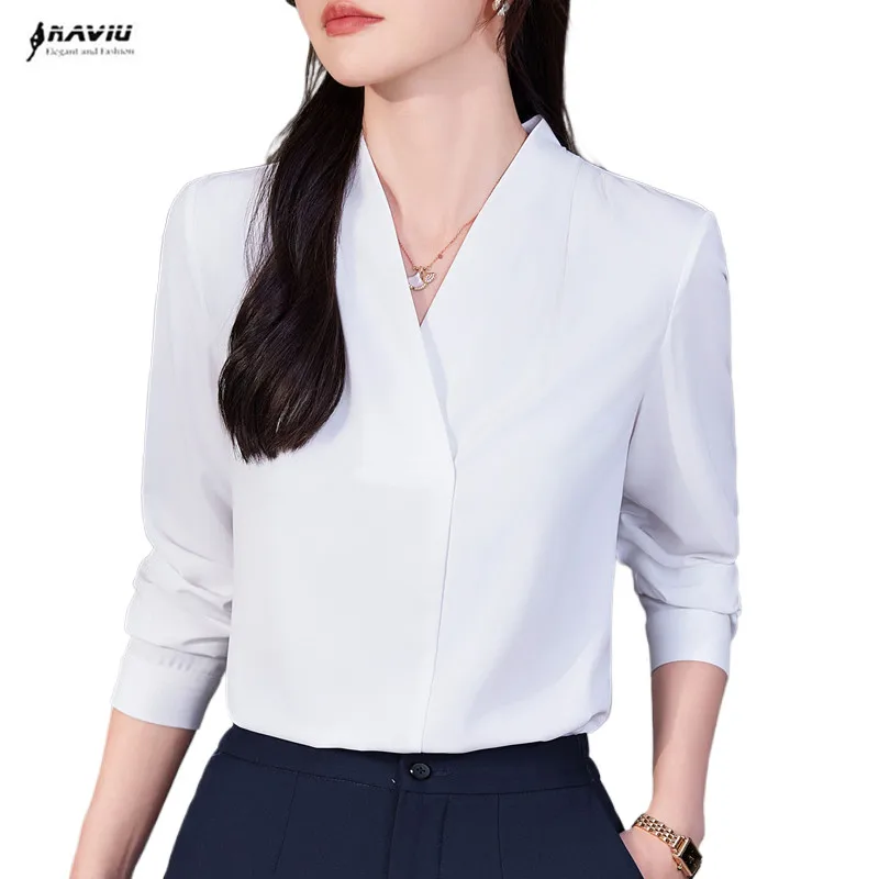 NAVIU New Retro Rullover White Long Sleeve Solid Color Shirt Women's Simple Tops and Blouses Chiffon Elegant Fashion Spliced Top