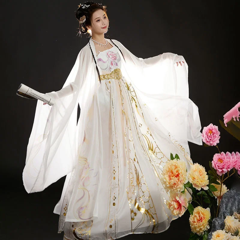 Tang Dynastie weiß Hanfu weiblich locker ärmel iges Hemd bestickt altes Kostüm täglich Fee elegante Frau chinesische Kleider