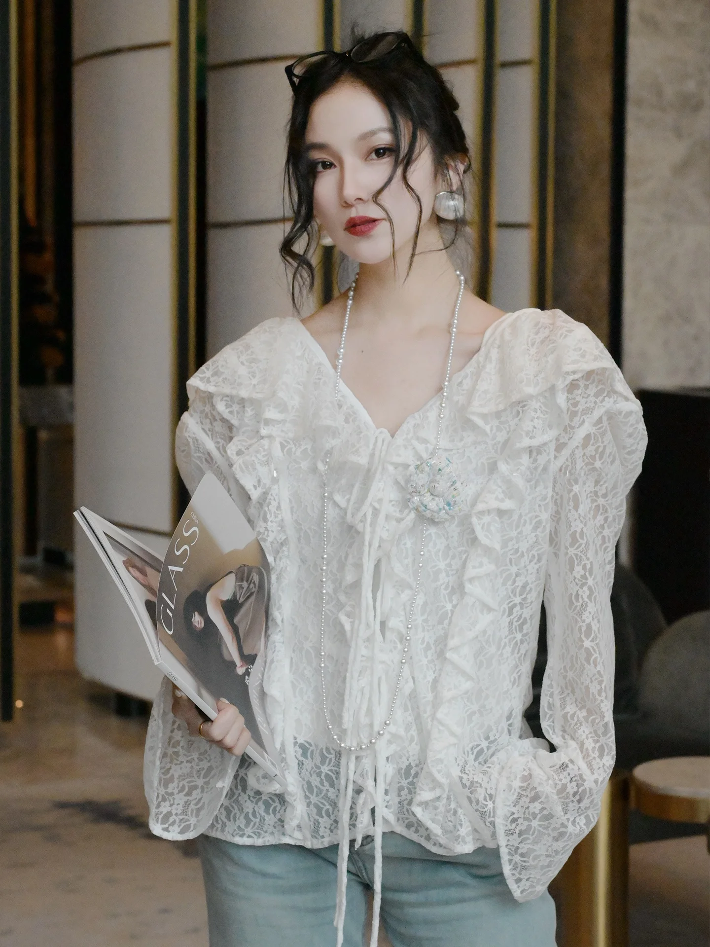 

Кружевной топ Priscilla Park RS Muses с V-образным вырезом, поясом и расклешенными рукавами, элегантная рубашка во французском стиле, свободный крой, длинный рукав