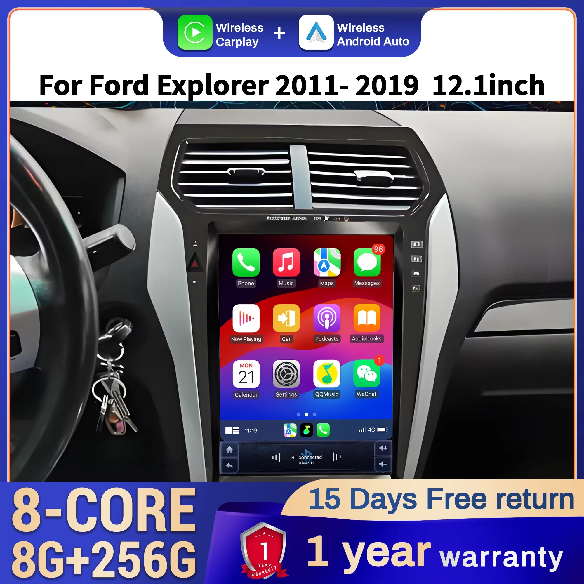 

12.1 Inch Car Radio for Ford Explorer 2011-2019 Android 14 GPS Touch Screen Wireless Bluetooth CarPlay Stereo System Head Unit