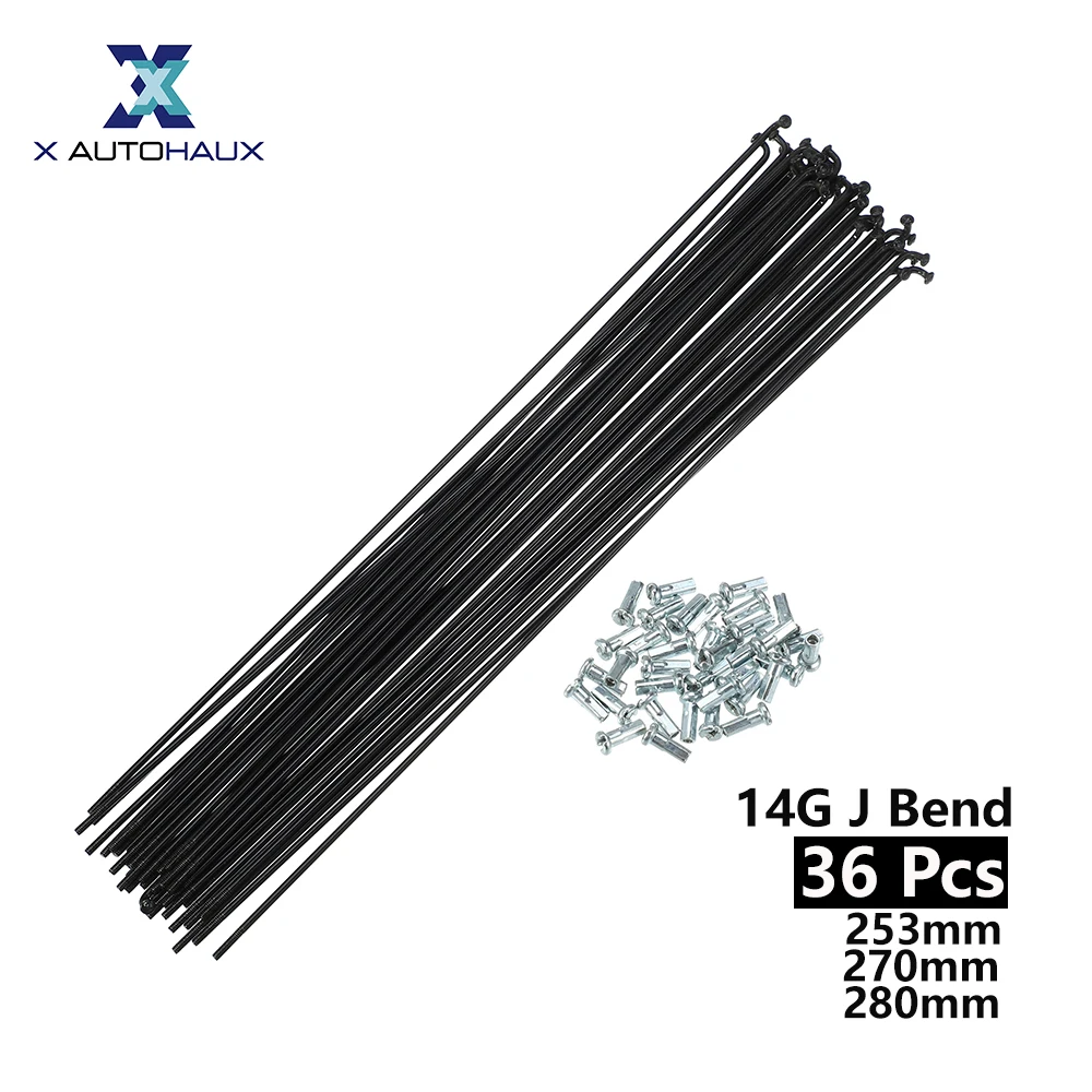 X Autohaux 36 Pcs 14G J Bend 253mm 277mm 280mm Bike Bicycle Spokes with Nipples Steel Black