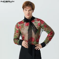 INCERUN Men T Shirt Flower Embroidery Turtleneck Long Sleeve Men Clothing Streetwear 2023 Tie Up Transparent Camisetas S-5XL