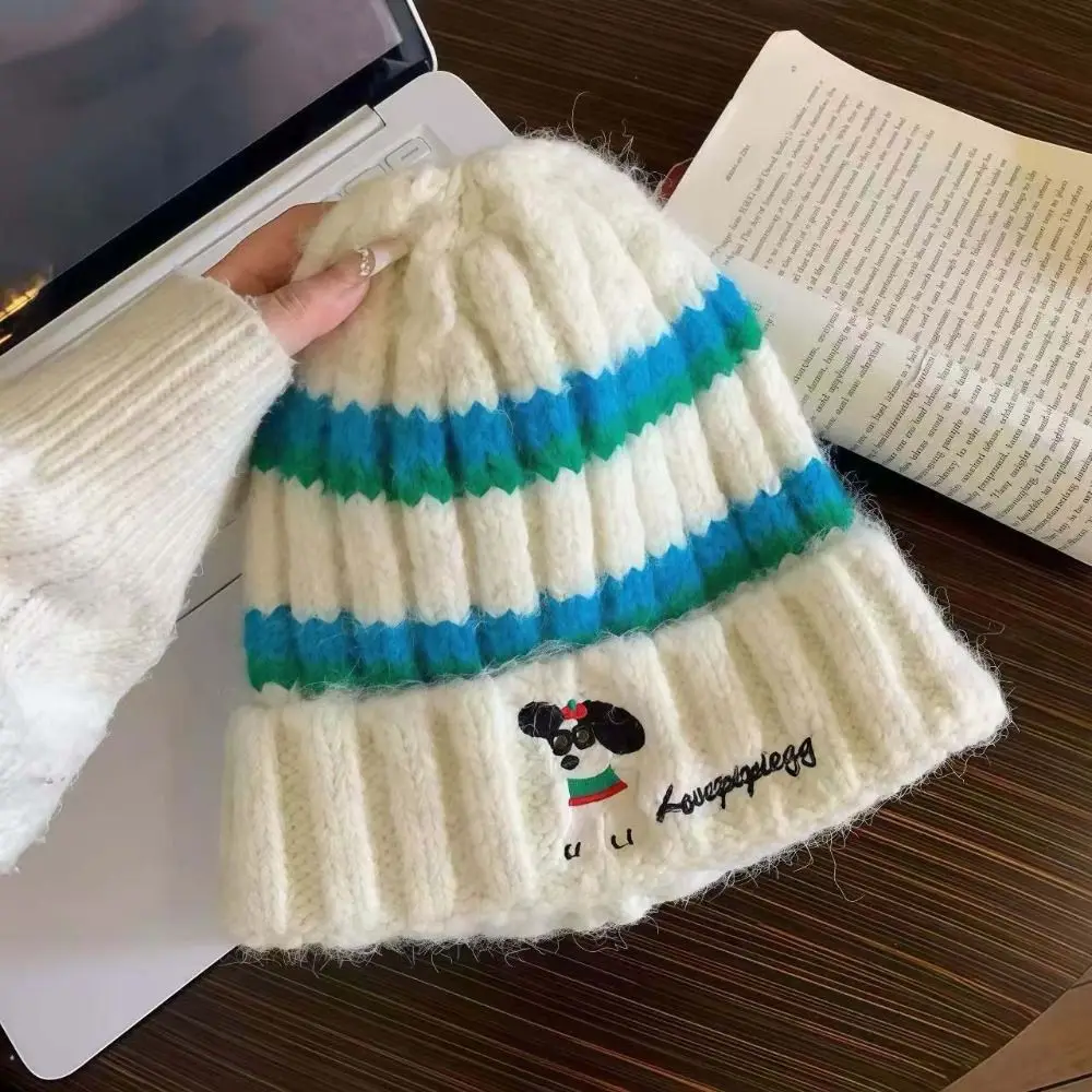 Wintermütze, verdickte, gestreifte Beanie, elastische, flauschige Strickmütze, weiche, süße, warme Mütze für Teenager – Detail 4