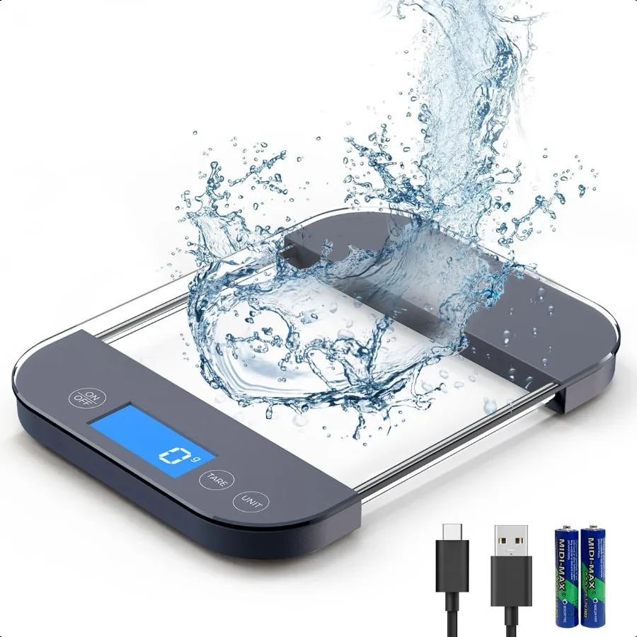 

Rechargeable Food Scale Digital Weight Grams and Oz [Max 33lb Min 1g] Military Grade AntiDrop Temepered Glass Panel Crystal Cle