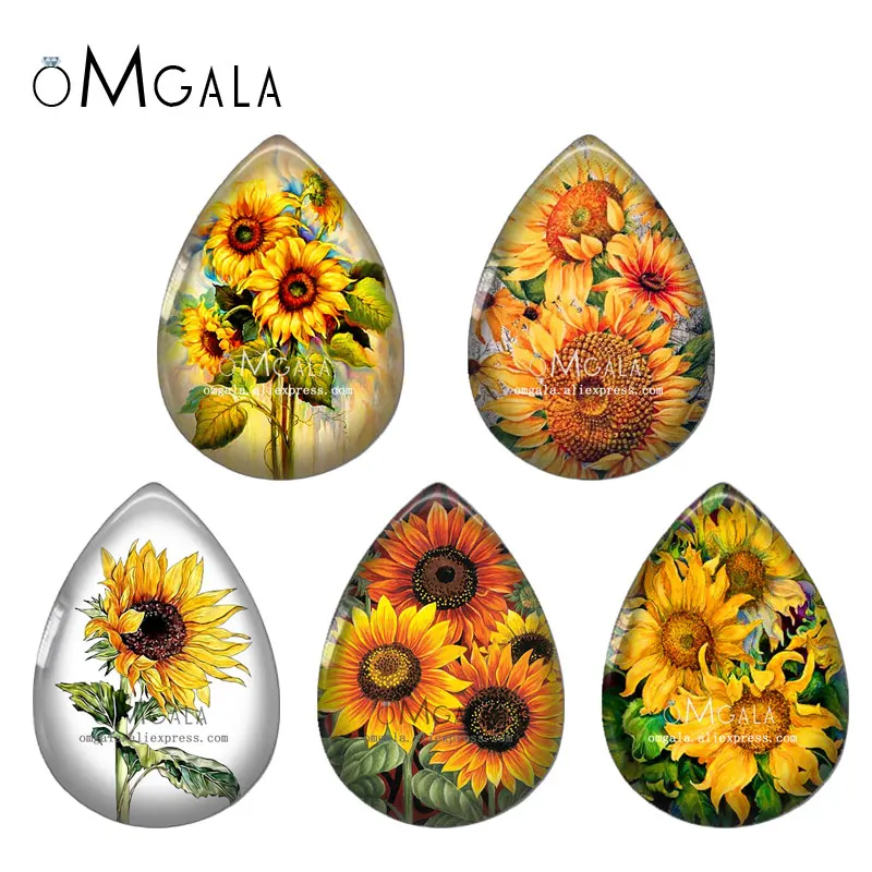 5pairs Fashion Beautiful Sunflowers Patterns 13x18/18x25mm Photo Glass Cabochon Flat Back For DIY Jewelry Making Findings