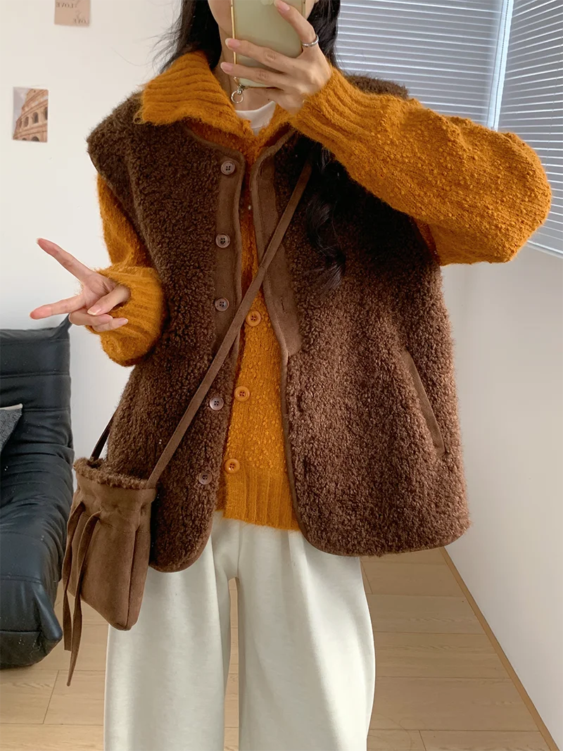 

Женский кардиган-жилет Amy Korean Sle свободного кроя на пуговицах, утепленный, из овечьей шерсти, с V-образным вырезом, премиум-класса