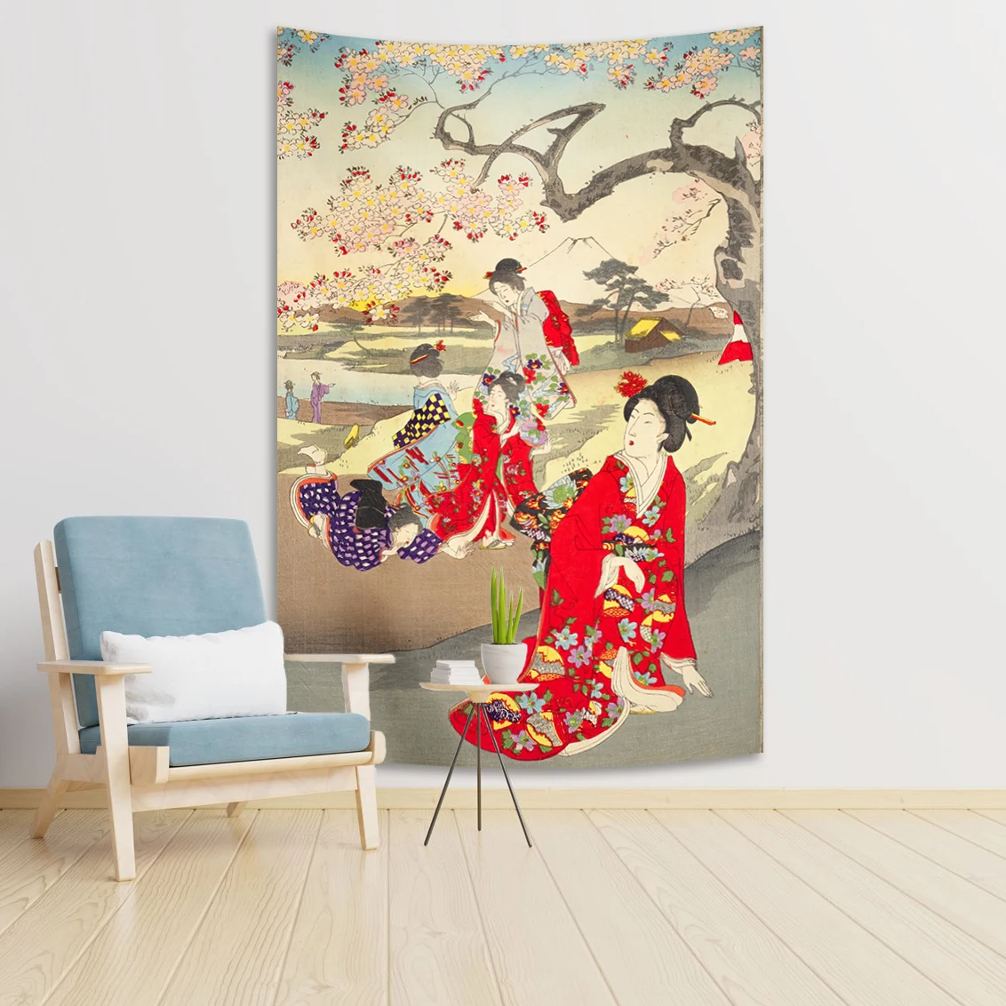 QdDeco Japan Hanging Tapestries Young Geisha In Kimono With Sakura Traditional Oriental Costume Background Cloth Home Decor