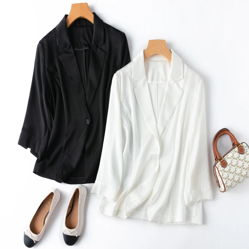 

Women Silk Blazer 93% Mulberry Silk 7% Spandex 19 momme Black White 3/4 Sleeve One Button Jacket Coat Office Work L XL XXL M1000