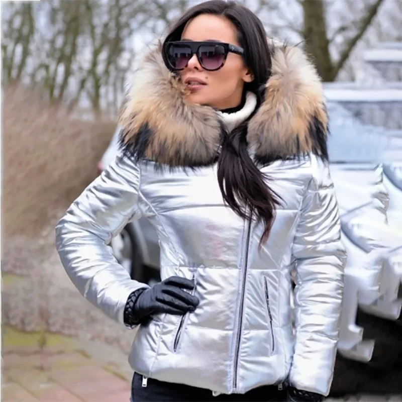2025 Winter New Women's Short Puffer Jacket with Faux Fur Hood, Slim Fit Casual Solid Color Outerwear