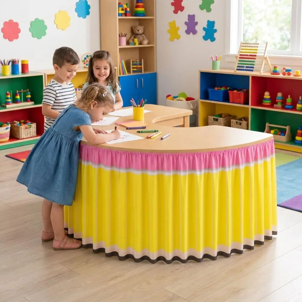 Cartoon Pencil Ruffled Table Skirt Elastic Edge School Stationery Theme Crescent Table Skirting Polyester Wrinkle Resistant