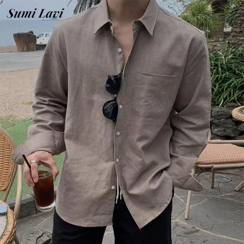 

2026 Spring Daily Leisure Mens Linen Shirt Tops Long Sleeve Button-up Lapel Casual Shirts Men Vintage Solid Color Linen Shirt