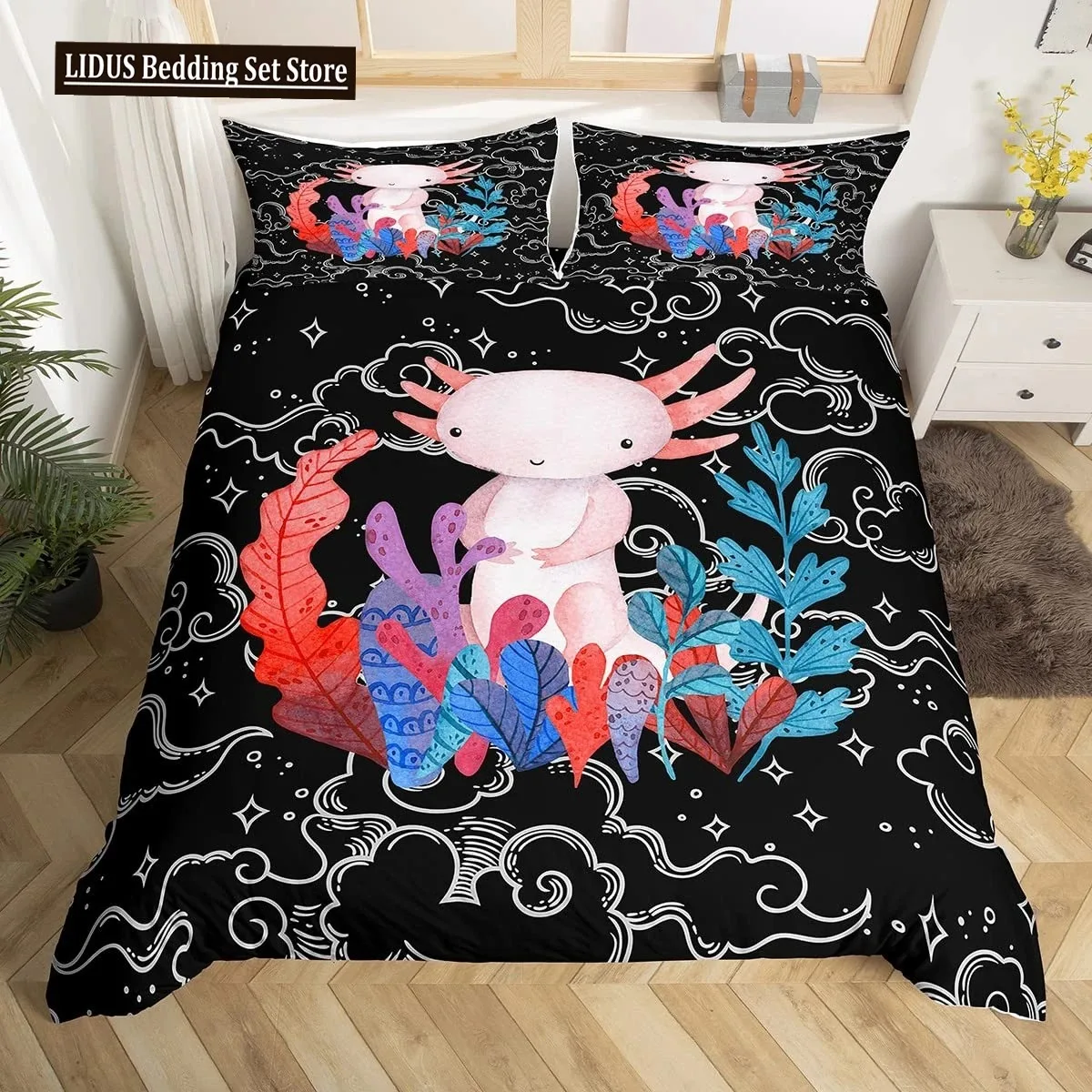 

Cute Axolotl Duvet Cover Set Full Size Cartoon Salamander Bedding Set Kawaii Animals Comforter Cover Constellation Black Decor