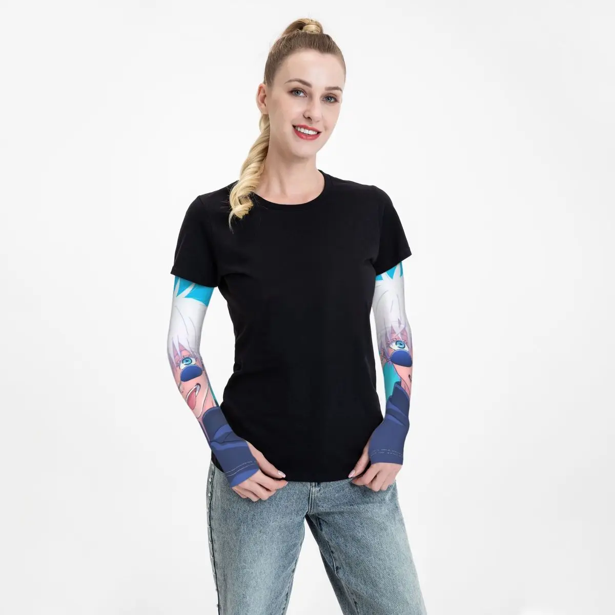 بارد Jujutsu Kaisen Gojo Satoru في الهواء الطلق أكمام أذرع تبريد الشمس الأشعة فوق البنفسجية غطاء للحماية الصيف الحرير الجليد الدراجات أكمام الوشم #2