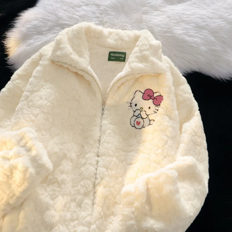 Hello Kitty American Style Lamb Wool Cotton Coat Women Cartoon Embroidery Trendy Soft Thick Warm Jacket Cute Couple Cotton Coat