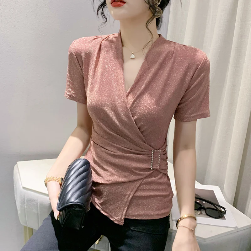 

Женская футболка с асимметричным подолом ort Sve Faionable iny Tead Me, сексуальный топ с v-образным вырезом и кружевной верхней частью тела, летняя футболка для похудения