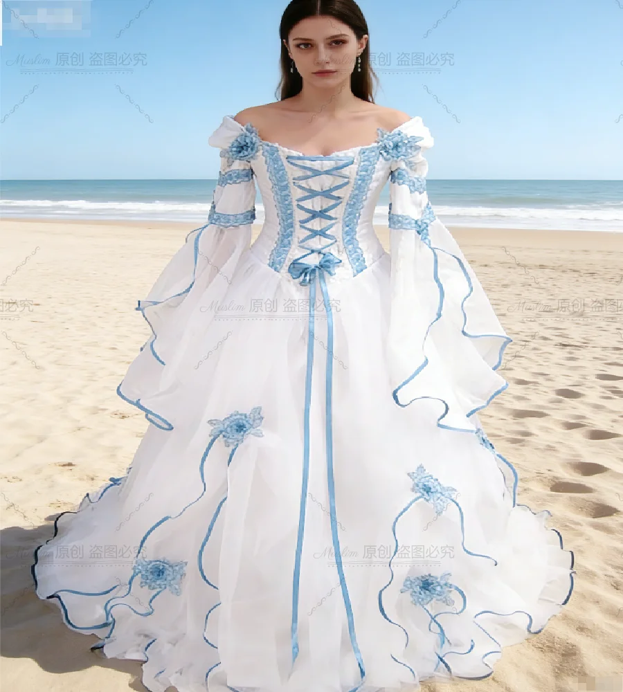 

Fairytale Medieval White Ice Blue Wedding Dress With Belle Sleeve Off Shoulder Lace Celtic Tudor Beach Bridal Gowns Gothic