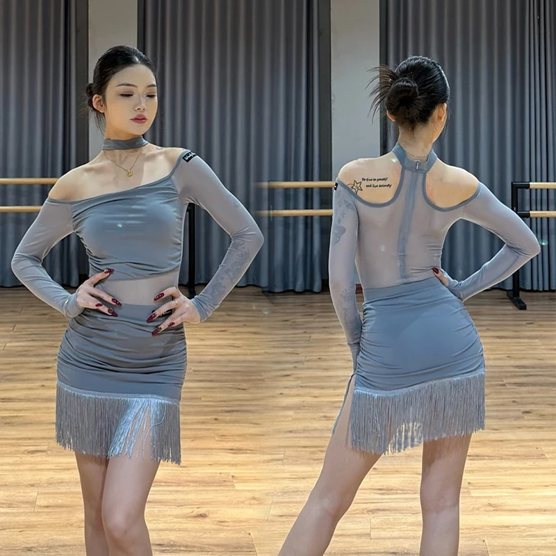 

Gray Latin Dance Dress Women Long Sleeves Rumba Cha Cha Samba Dance Suit Performance Practice Clothing Tango Dance Wear DNV25701