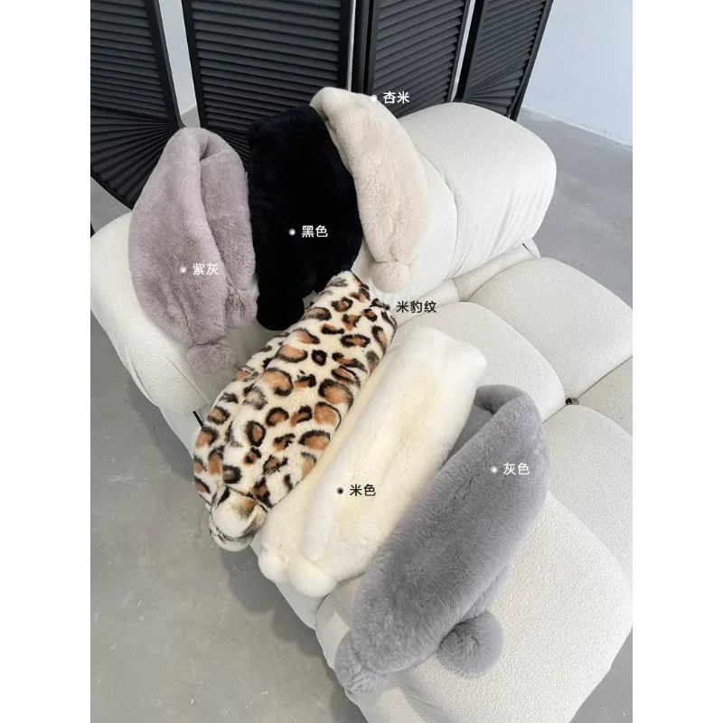 Winter fur scarf female Rex rabbit real hair double-sided whole leather thickened medium and long Korean version cute ball scarf