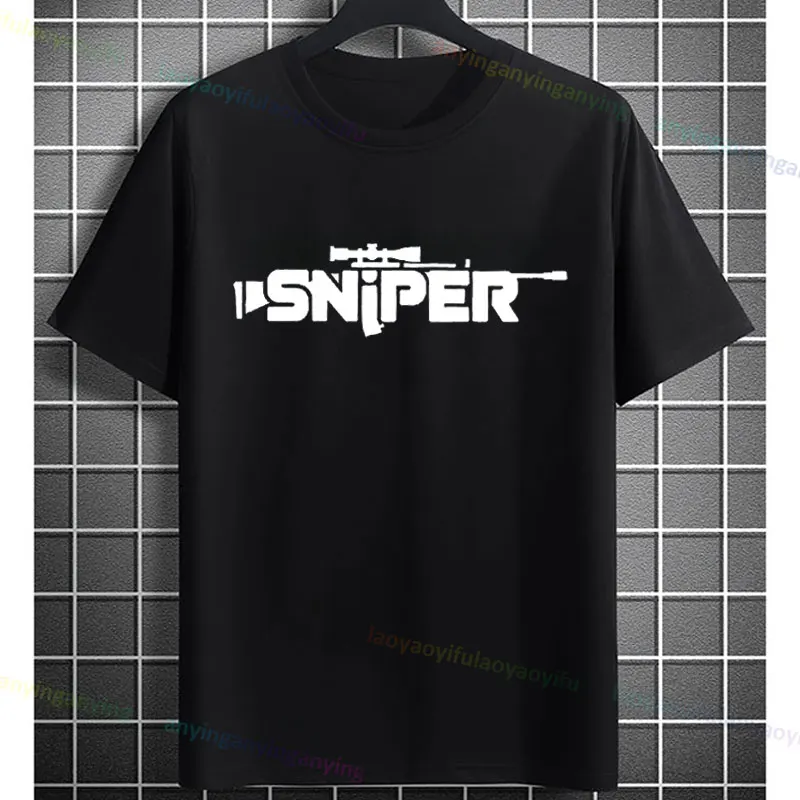 Funny Inspired Print with Sniper Rifle & Scope Back Design Graphic T-shirt 100% Cotton Short Sleeve Casual Streetwear Tshirt