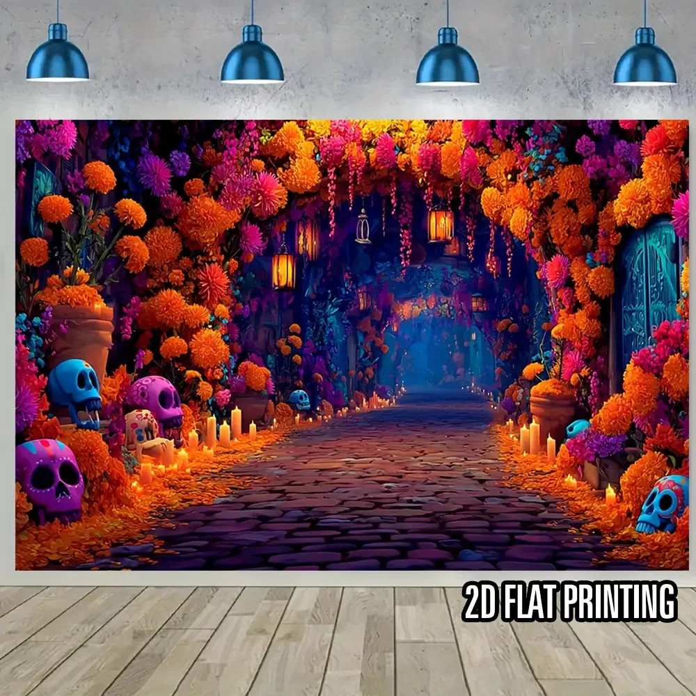 2D-Wandbild, 1 großes mexikanisches Wandbild zum Tag der Toten – Lacatrina-Zuckerschädel und Kerzen, leuchtend lila/orange
