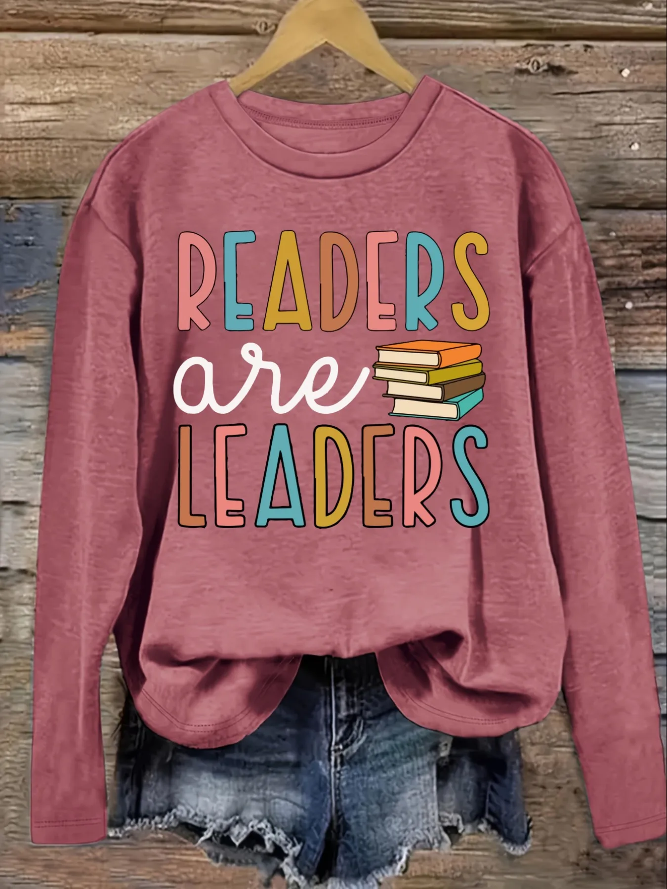 Women's Casual Long Sleeve Crew Neck T-Shirt Readers Are Leaders Book Stack Design, Round Neck Women's Clothing, Machine Washable, Slightly Elastic, Loose Fit, Spring Autumn Winter Women's T-Shirt, Halloween Costume Outfit view 3