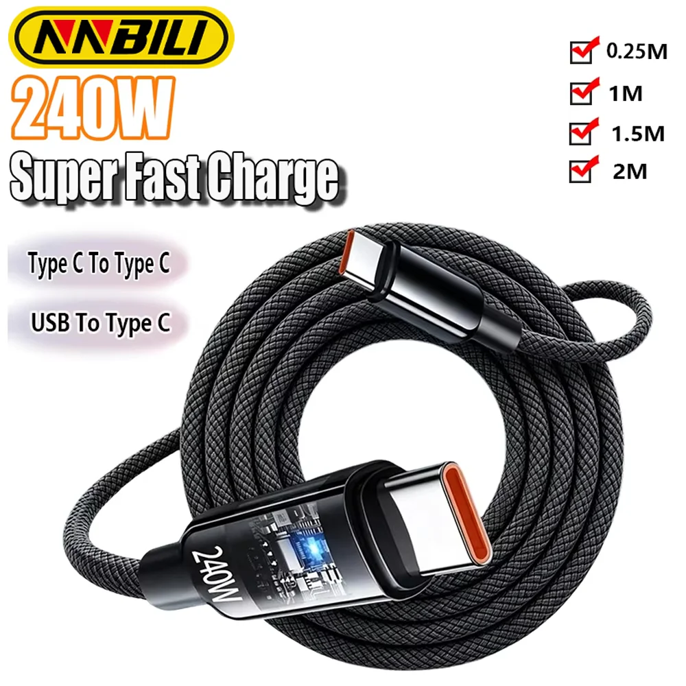 NNBILI 240W Nylon Cable USB Type C Super Fast Charging Cable For Samsung Xiaomi Huawei Honor LED Display Fast Charger Data Cord