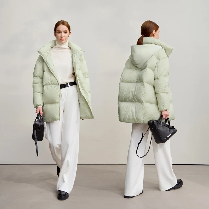 Amii donsjas vrouw 2025, winter nieuwe losse afneembare capuchon, rits, warme lange mouwen, effen kleur eendendons donsjack 12524011