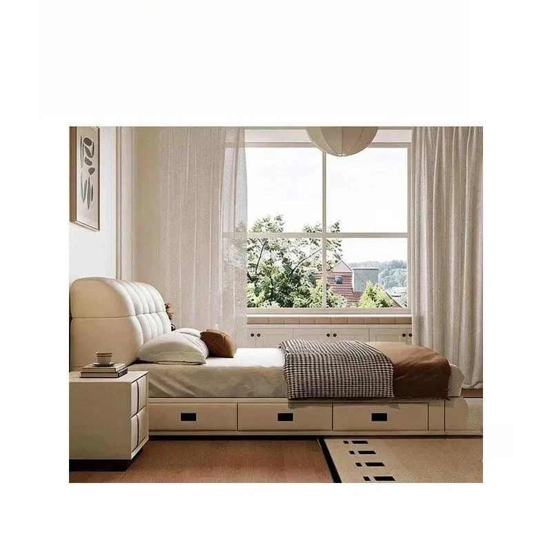 French Cream Style Puff Leather Bed Modern Simple Double Bed with Storage High End Atmospheric Master Bedroom Furniture