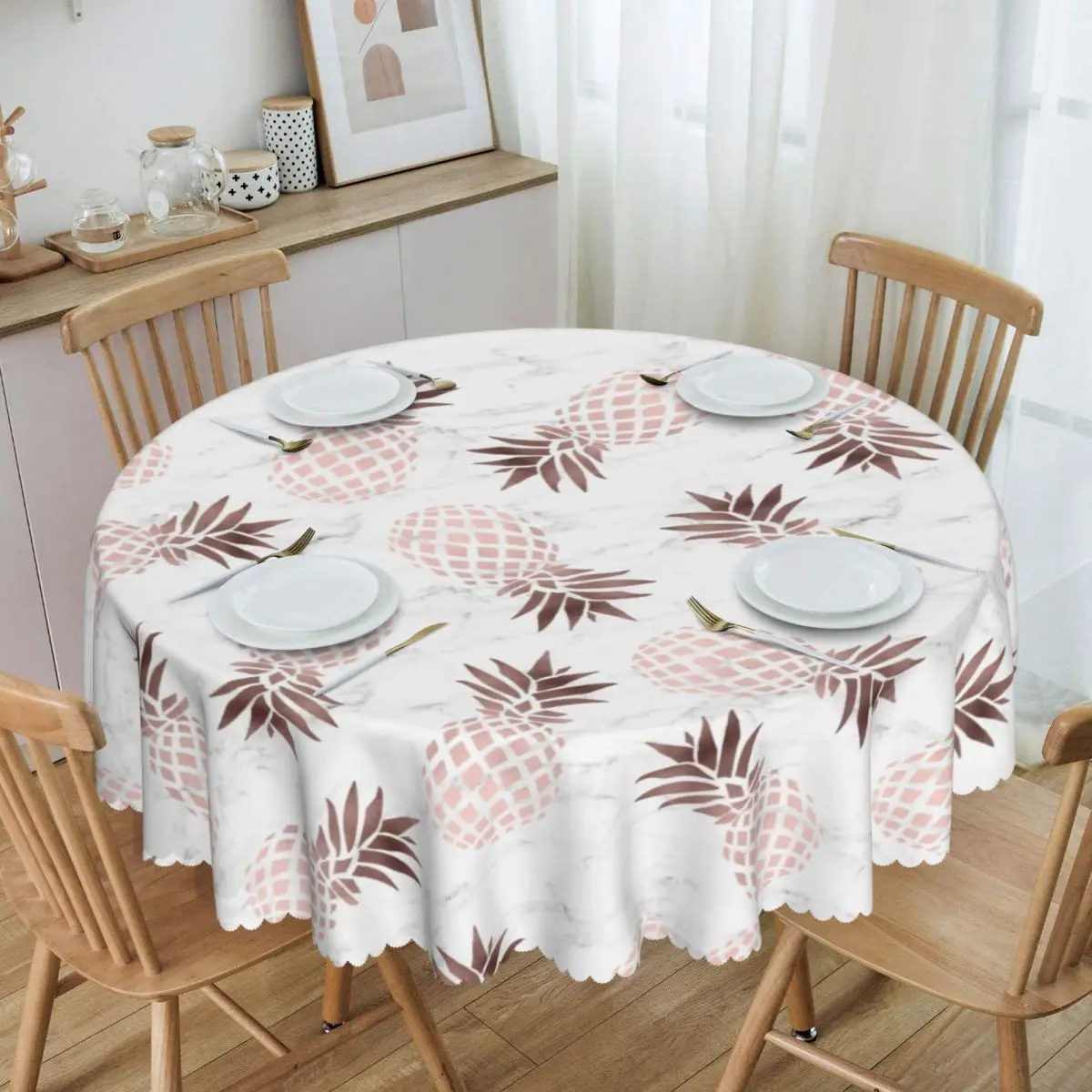 Customized Elegant White Marble Rose Gold Pineapple Tablecloth Round Waterproof Table Cloth Cover for Banquet 60 inch