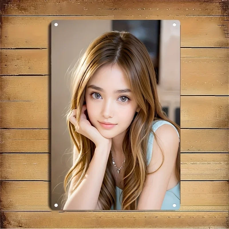 Metal Wall Art Elegant Woman Face Profile Sign Iron Poster Home Decor Brown Hair