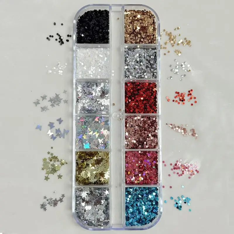 12 Fächer Mini-Pailletten mit Tupfen, Schmetterlingen, Sternen, Herzen, Glitzerpulver, Nagelkunst-Charms, Dekorationen, gemischte Aufkleber, Maniküre-Werkzeug – Detail 3